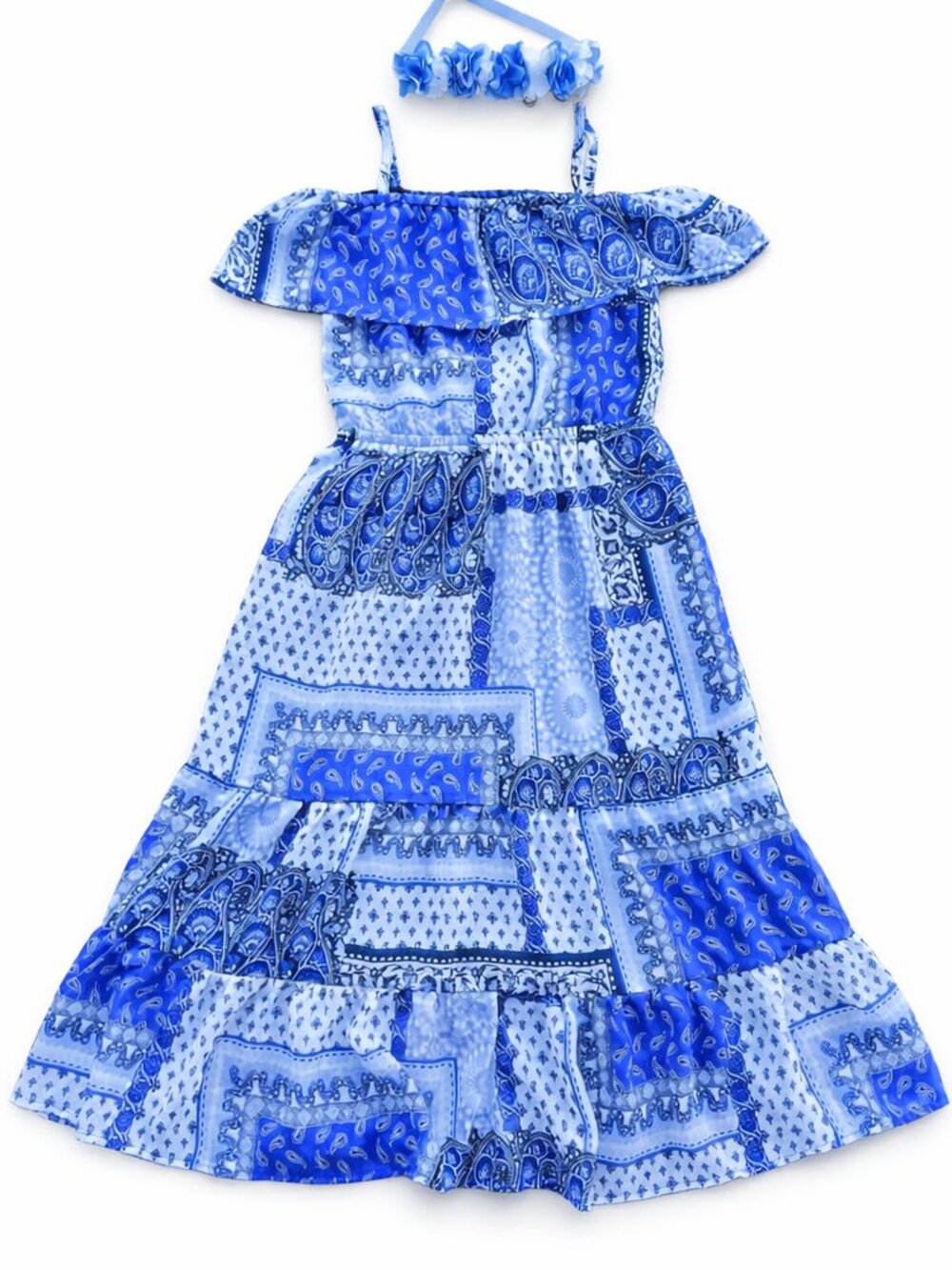 Girls Sleeveless Paisley Patchwork Print Off-Shoulder Dress and Matching Hair